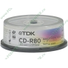 Диск CD-R 700МБ 52x TDK 80min "CD-R80PWWCBA25" Printable, пласт.коробка, на шпинделе (25шт./уп.) 